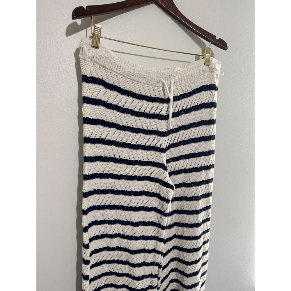 Aerie Women's Navy Blue Striped Knit Wide Leg Pants Drawstring Beach Resort Wear - Picture 3 of 11